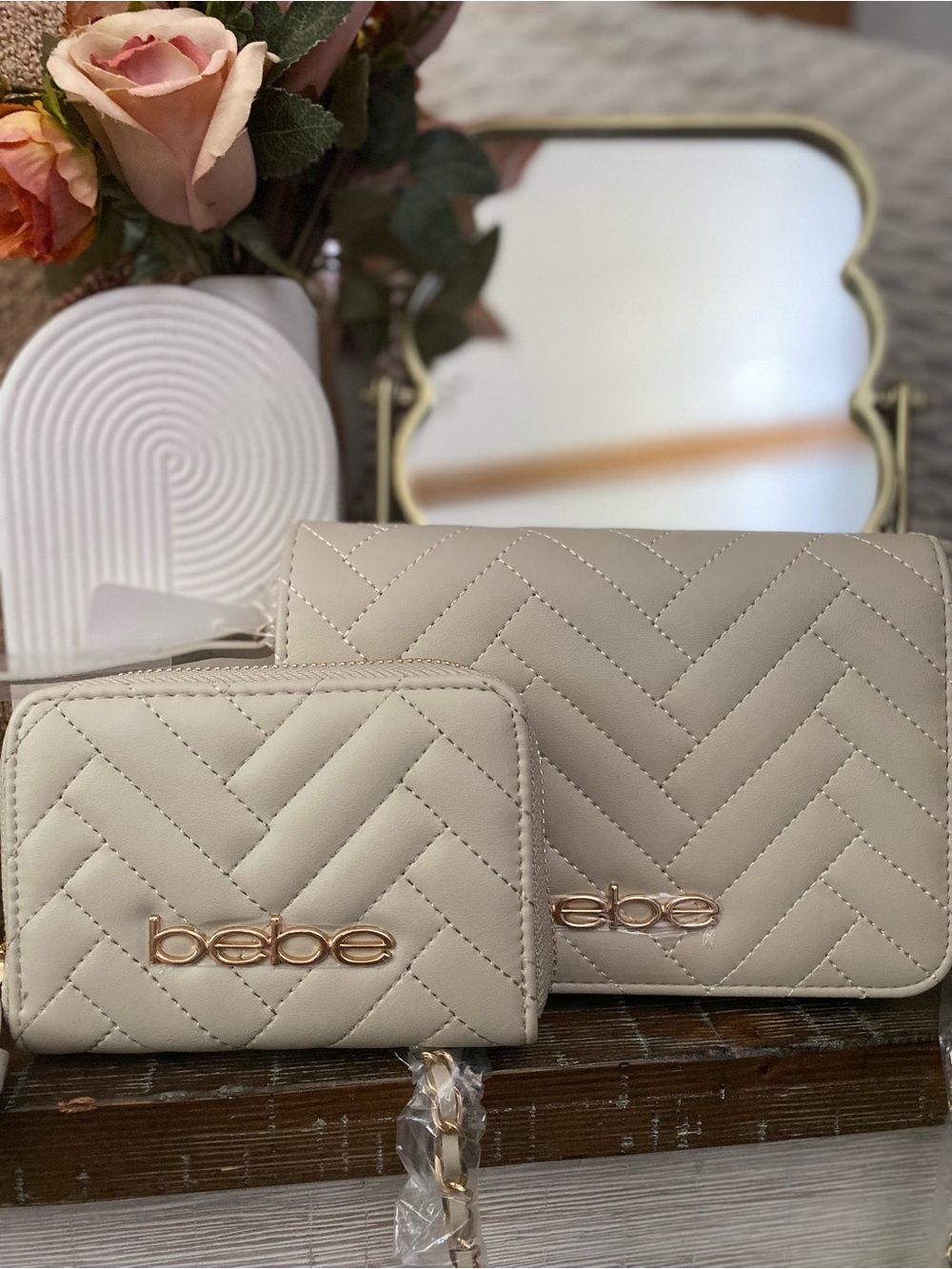 bebe Quilted Cream Wallet and Clutch Set with Gold Logo